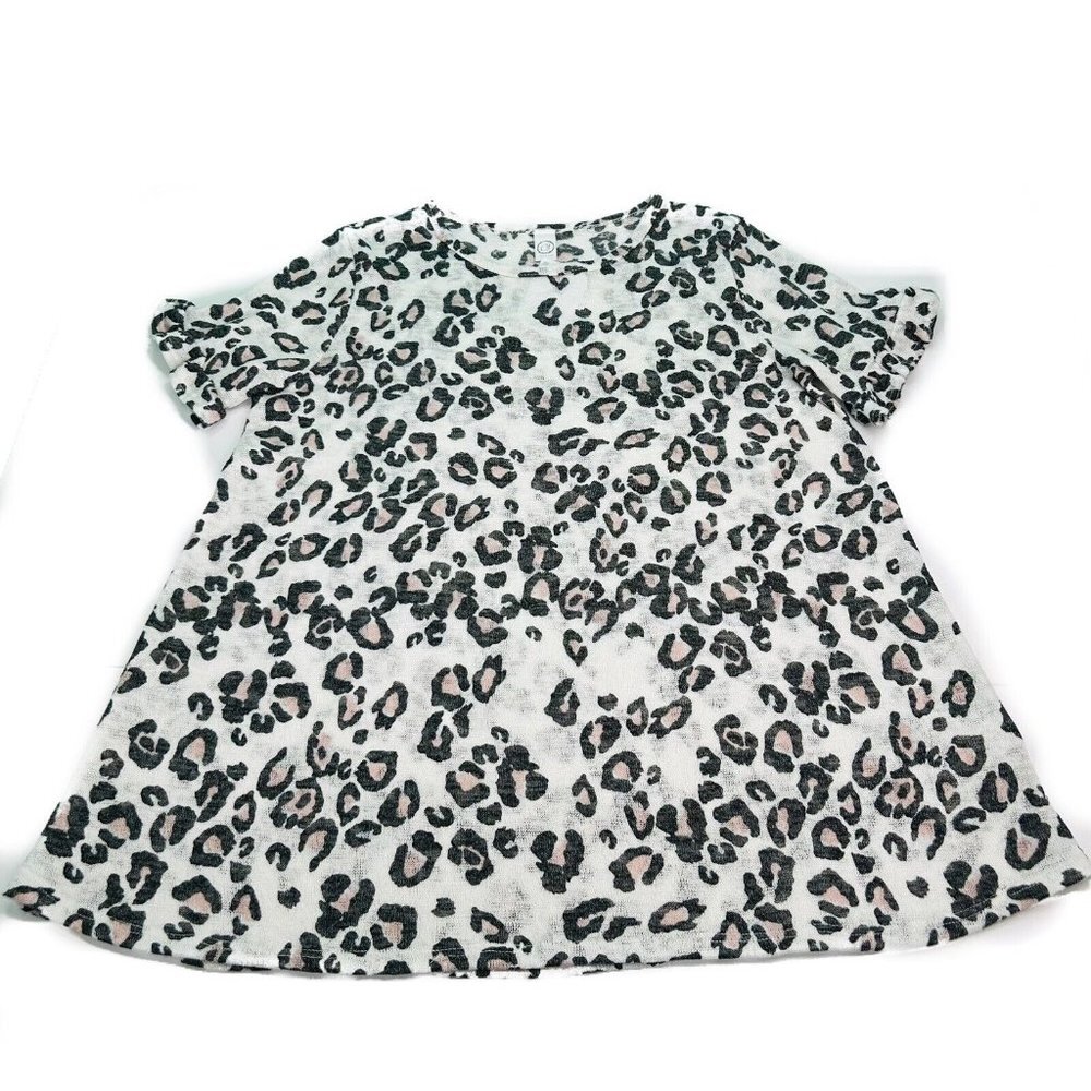Top Blouse Womens Small Knit Gauze Like Stretch Ruffle Sleeve Leopard